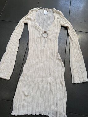 l*space Cream Ribbed Long-Sleeve Ring-Detail Knit Dress
